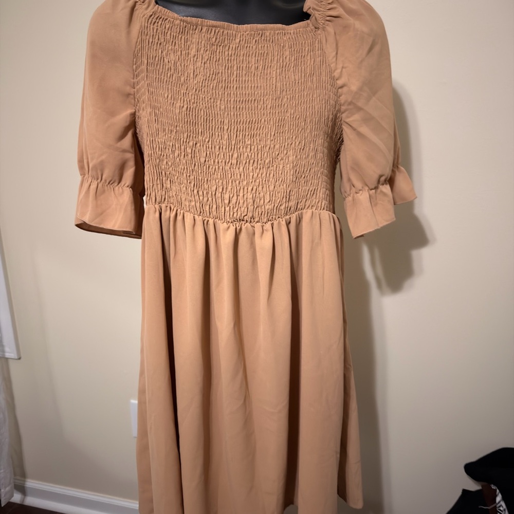 Elegant Tan Smocked Dress